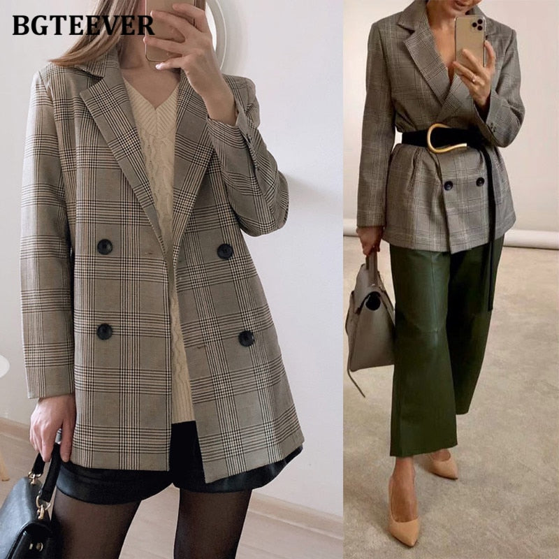 Office Ladies Notched Collar Plaid Women Blazer Double Breasted Autumn Jacket 2021 Casual Pockets Female Suits Coat - Executive-Skincare