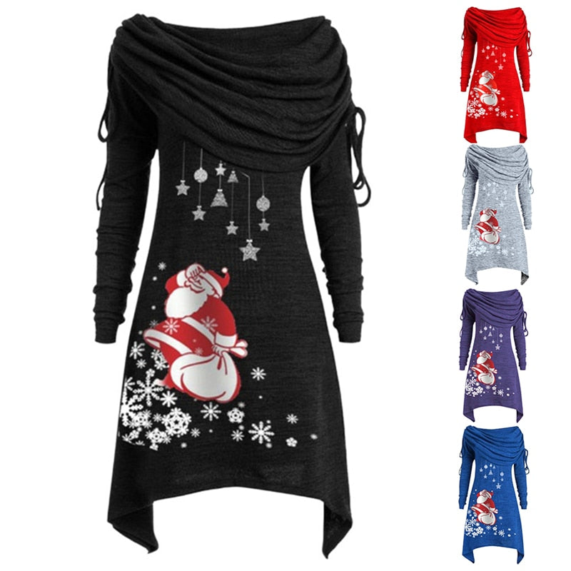 New Arrival Long Sleeve Santa Claus Dress Women Snowflake Print Irregular Dress Top Female Fashion Christmas Dress - Executive-Skincare