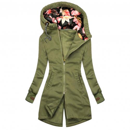 Autumn Winter Women Long Sleeve Coat Zip Irregular Floral Print Hood Jacket Floral Print Hood Jacket Coat Jacket Coat - Executive-Skincare