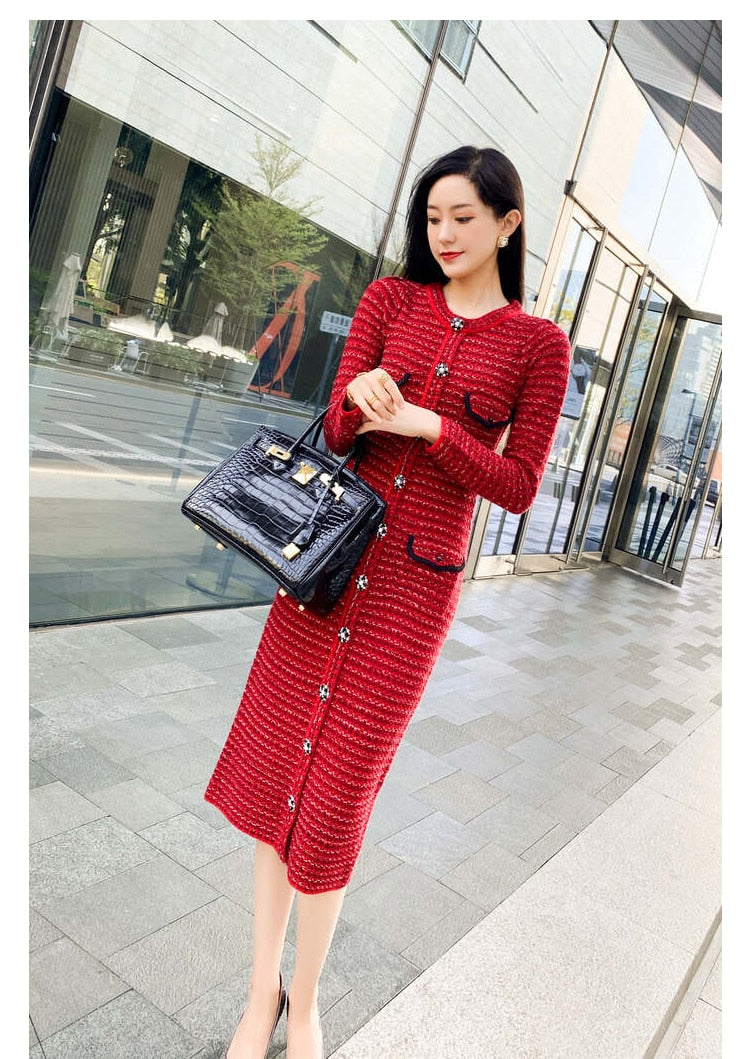 Tingfly 2022 Runway Chic Knitted Midi Long Luxury Crystal Button Party Dinner Dress Christmas Red Single Breasted Elbise New - Executive-Skincare