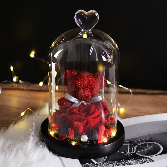 The Beautiful and the Beast Teddy Bear Rose Decor Natural Dried Flowers In Glass Dome LED Mother&#39;s Valentine&#39;s Day Wedding Gift - Executive-Skincare