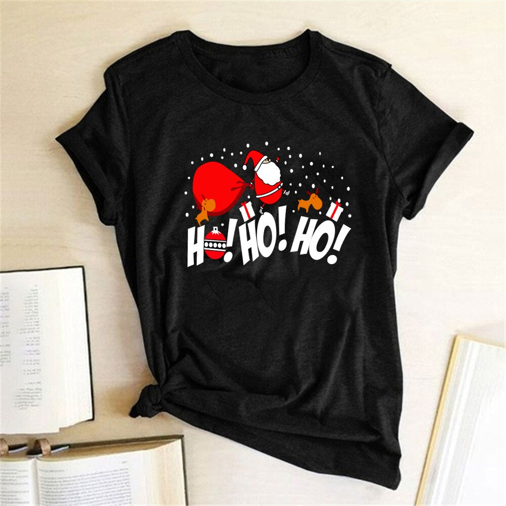 HO HO HO Print Funny Santa T Shirt Women Short-sleeved Tee Shirt Female Merry Christmas New Year Gift To Ladies Tops Clothes - Executive-Skincare