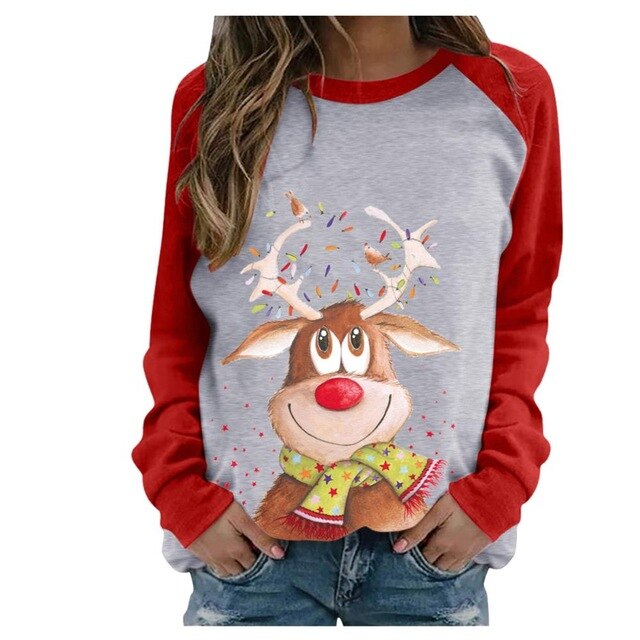 Funny Cute Elk Printing Long Sleeve Christmas Women T Shirt Harajuku S-2xl Cotton Woman Tshirts Graphic Aesthetic Shirt Female - Executive-Skincare