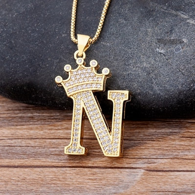 Nidin New Luxury Copper Zircon A-Z Crown Alphabet Pendant Chain Necklace Hip-Hop Style Fashion Woman Man Initial Name Jewelry - Executive-Skincare