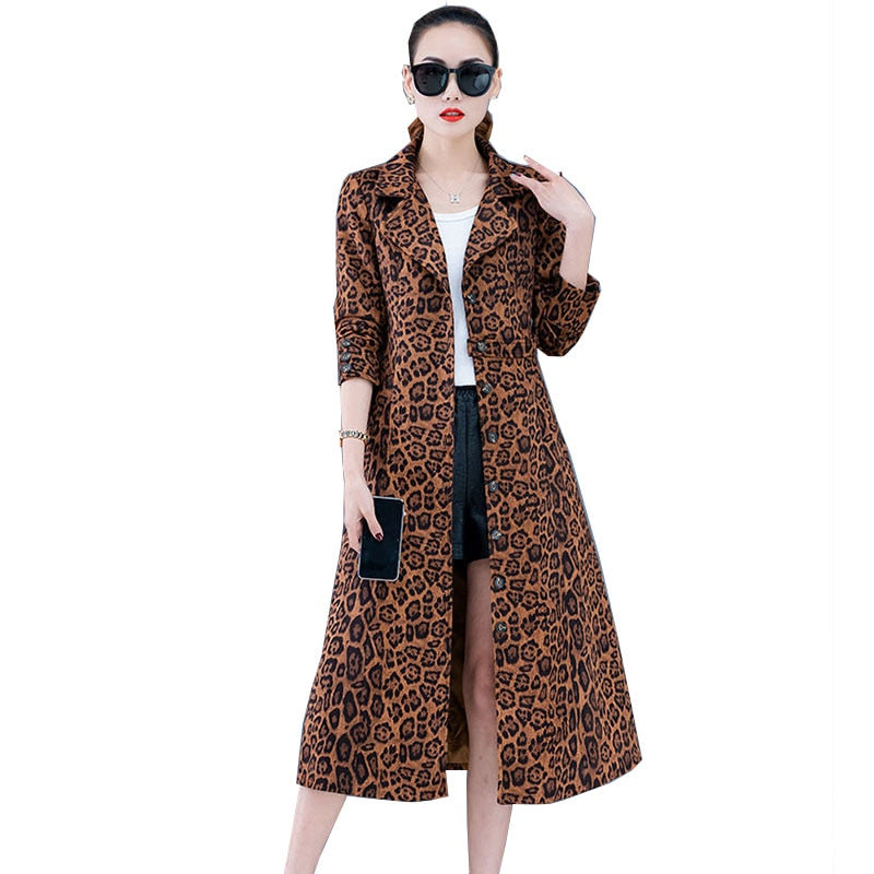 Mid-length Windbreaker Coat Women Spring Autumn Jacket New 2022 Fashion Leopard Lined Outerwear Female Casual Top Overcoat - Executive-Skincare