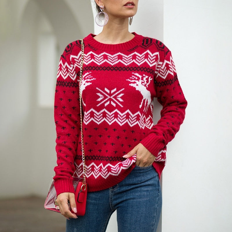 Christmas Printed Sweater Women Winter Long Sleeve O-Neck Sweater Reindeer Snowflake Jacquard Tops Knitted Loose Holiday Jumper - Executive-Skincare