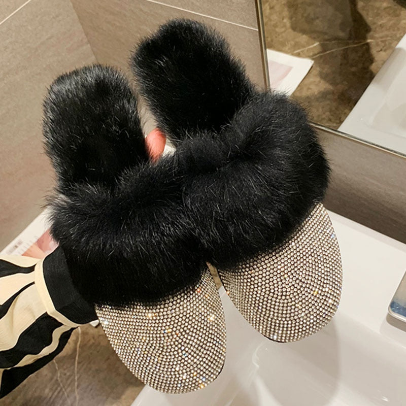 Big Size Slippers Female Ladies Designer Shoes Women Luxury 2023 Rhinestone Fur Crystal Slides Mules Slippers Furry Lady Shoes - Executive-Skincare