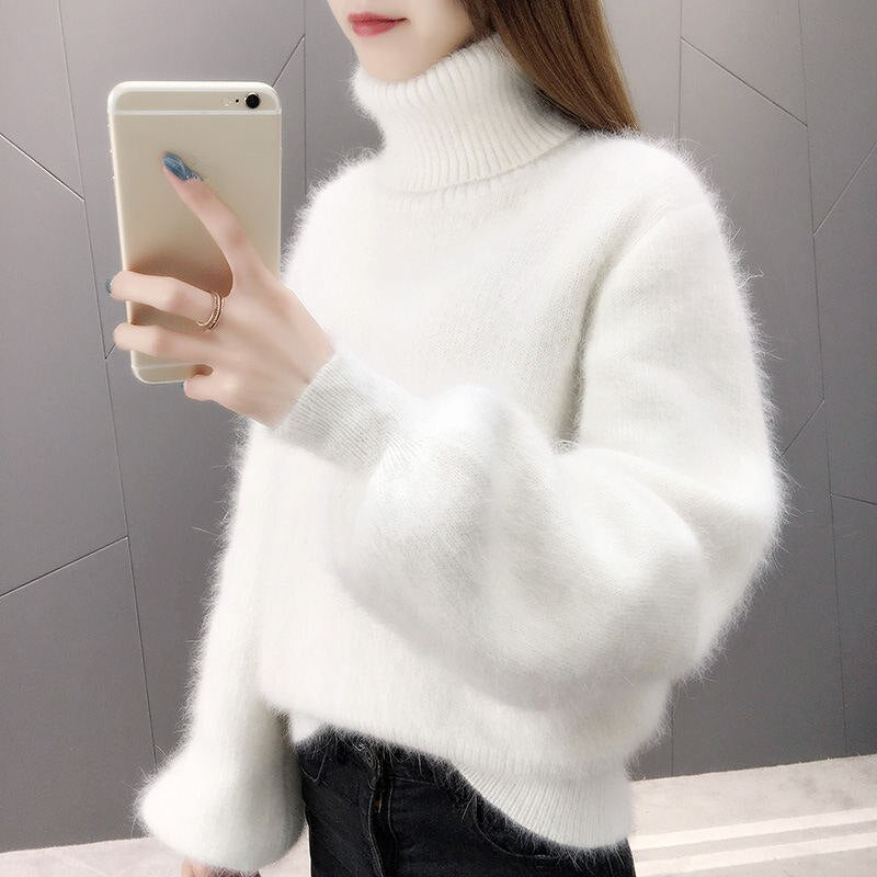 Autumn Winter Lantern Sleeve Faux Mink Cashmere Pullover Knitted Sweater Women Warm Plush Women Sweater Thicken Pullovers C5718 - Executive-Skincare