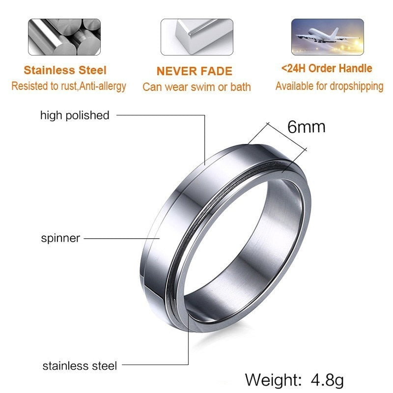 Vnox Personalized Spinner Ring for Men Women 6mm Stainless Steel Rotatable Wedding Band Custom Name Date Initial Male Tail Ring - Executive-Skincare