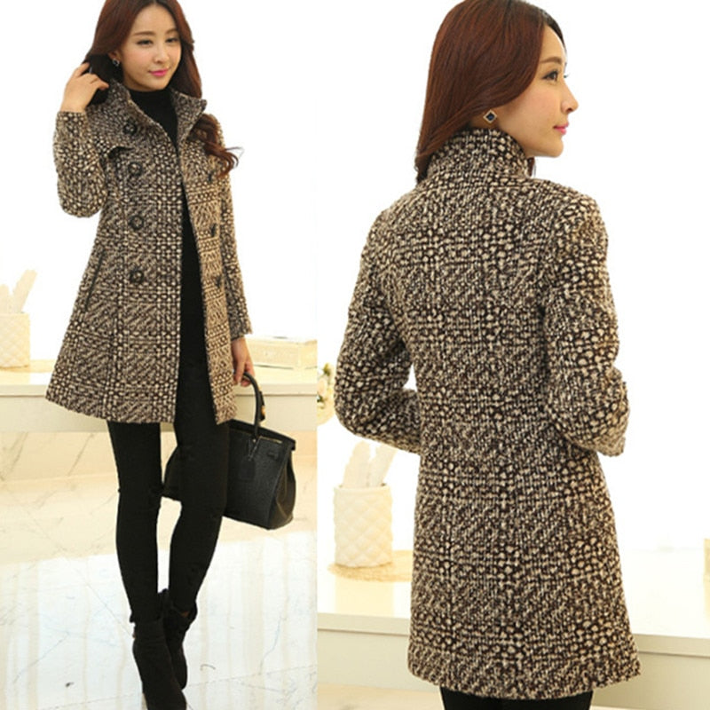 New Women&#39;s Wool Blends Coat Winter 2022 Autumn Fashion Elegant Mother Turtleneck Plaid Slim Long Tweed Woolen Outerwear Female - Executive-Skincare