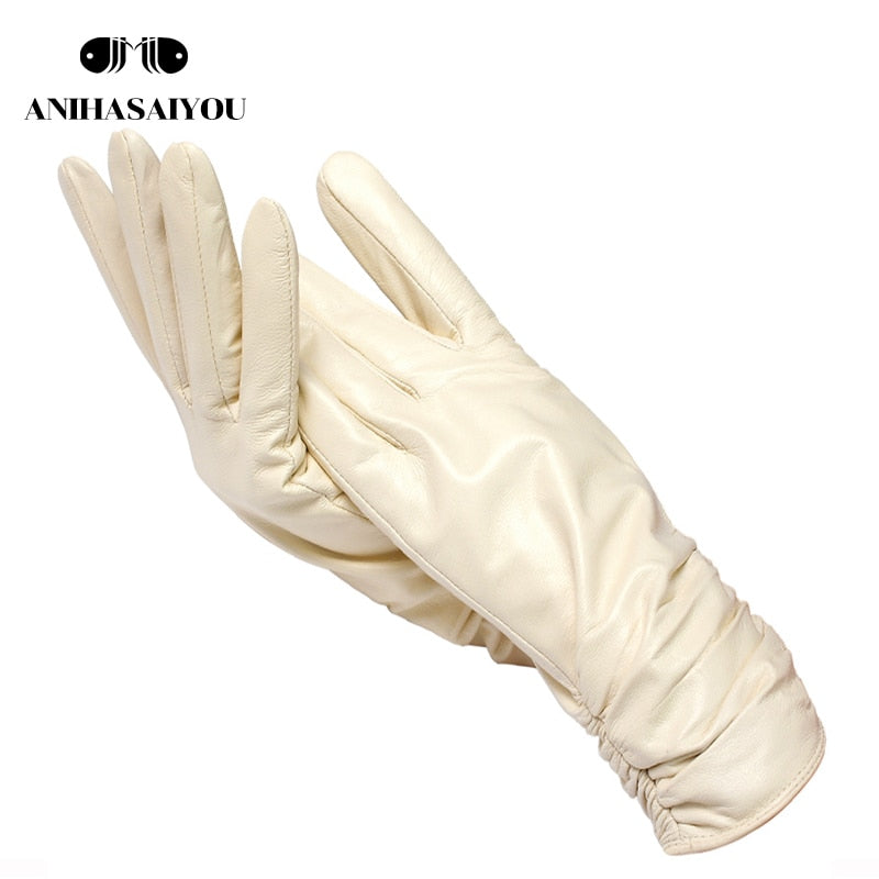 Classic pleated leather gloves women color real leather gloves women sheepskin Genuine Leather winter gloves women-2081 - Executive-Skincare