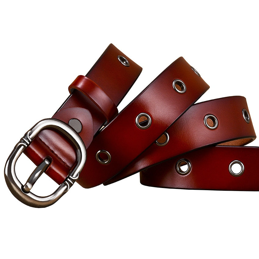 Fashion Metal hollow genuine leather belts for women Quality Pin buckle belt woman Cow skin waist strap for jeans Width 2.8 cm - Executive-Skincare