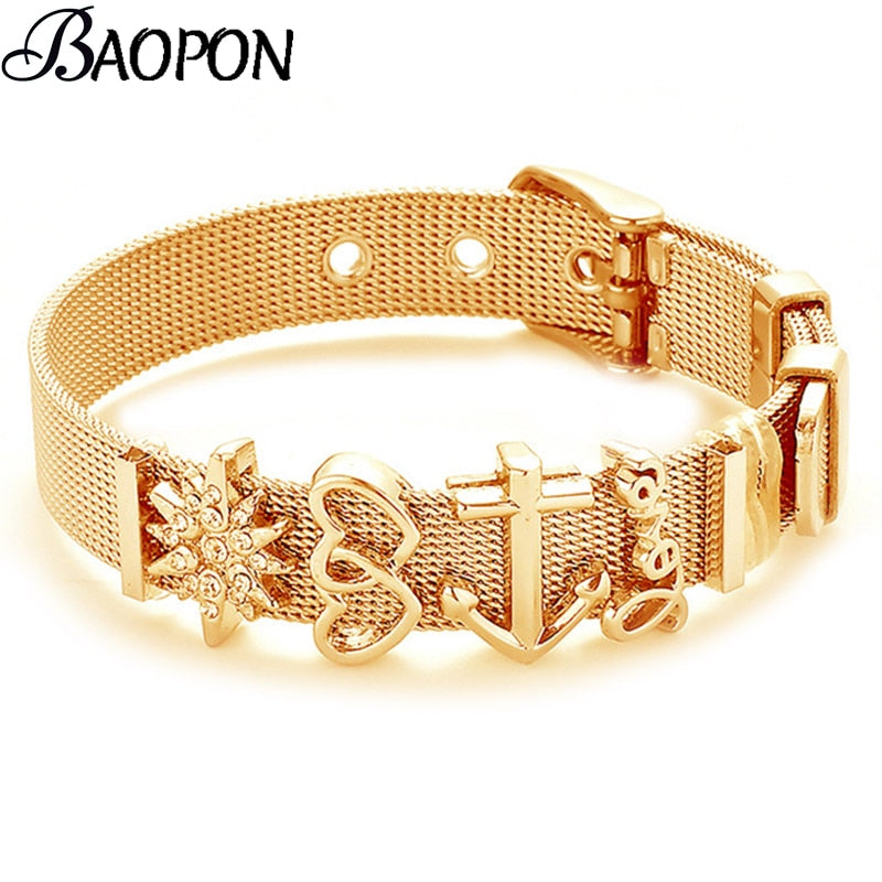 Fashion Stainless Steel Woman Men Bracelet Mesh Bracelet Set Crystal Heart Anchor Charm Fine Bracelet Bangle for Female Lover - Executive-Skincare