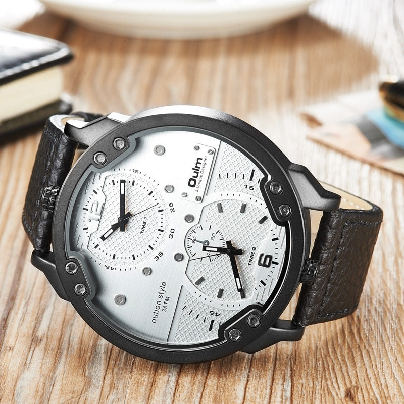 Oulm Men&#39;s Casual Sports Watches Unique Design Big Watch Male Leather Strap Quartz Clock Double Time Zone Men Luxury Wristwatch - Executive-Skincare