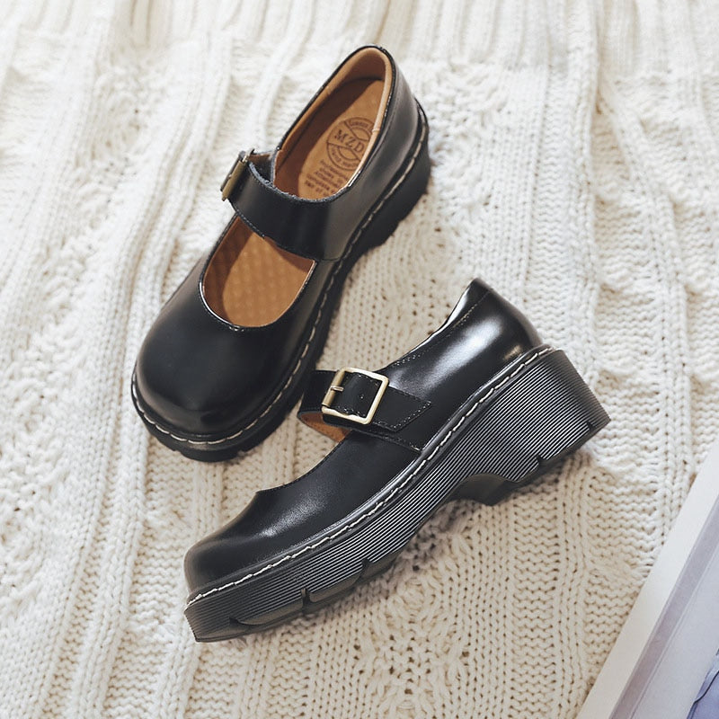 2019 New Arrival Japanese Style Vintage Buckle Mary Janes Shoes Women&#39;S Shallow Mouth Casual Student Leather Shoes Thick Bottom - Executive-Skincare