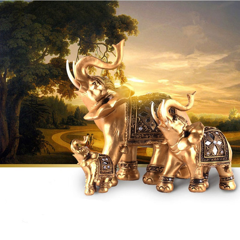 Golden Resin Elephant Statue Feng Shui Elegant Elephant Trunk Sculpture Lucky Wealth Figurine Crafts Ornaments For Home Decor - Executive-Skincare