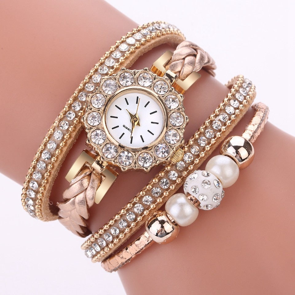 Luxury Gold Leather Watches For Women Pearls Dress Creative Watches Casual Women Bracelet Wristwatch Clock Gift Relogio Feminino - Executive-Skincare