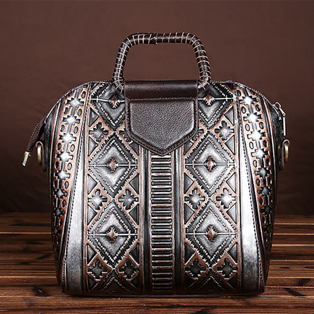 High Quality Women Genuine Leather Tote Crossbody Handbag Retro Embossed Leisure Female Natural Skin Top Handle Shoulder Bags - Executive-Skincare