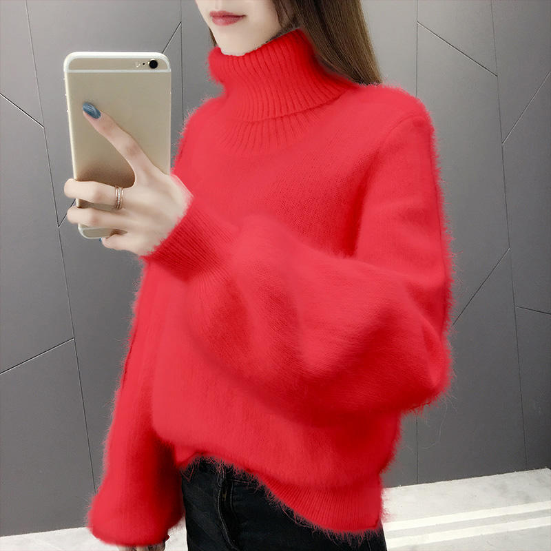 Autumn Winter Lantern Sleeve Faux Mink Cashmere Pullover Knitted Sweater Women Warm Plush Women Sweater Thicken Pullovers C5718 - Executive-Skincare