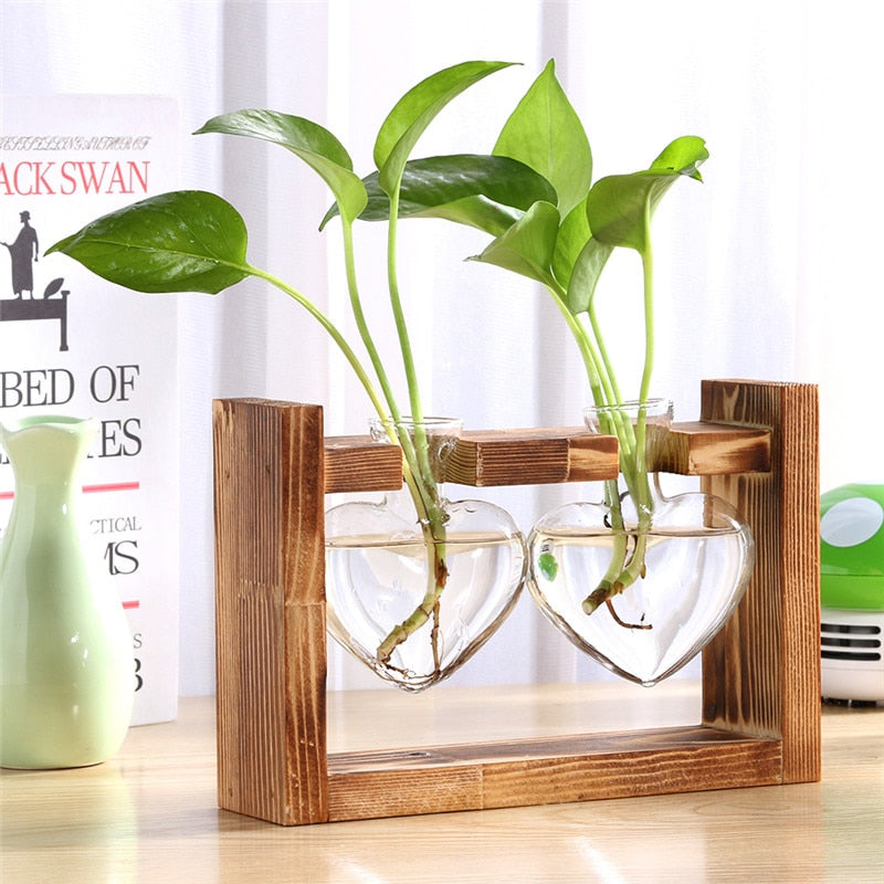 Glass and Wood Vase Planter Terrarium Table Desktop Hydroponics Plant Bonsai Flower Pot Hanging Pots with Wooden Tray Home Decor - Executive-Skincare