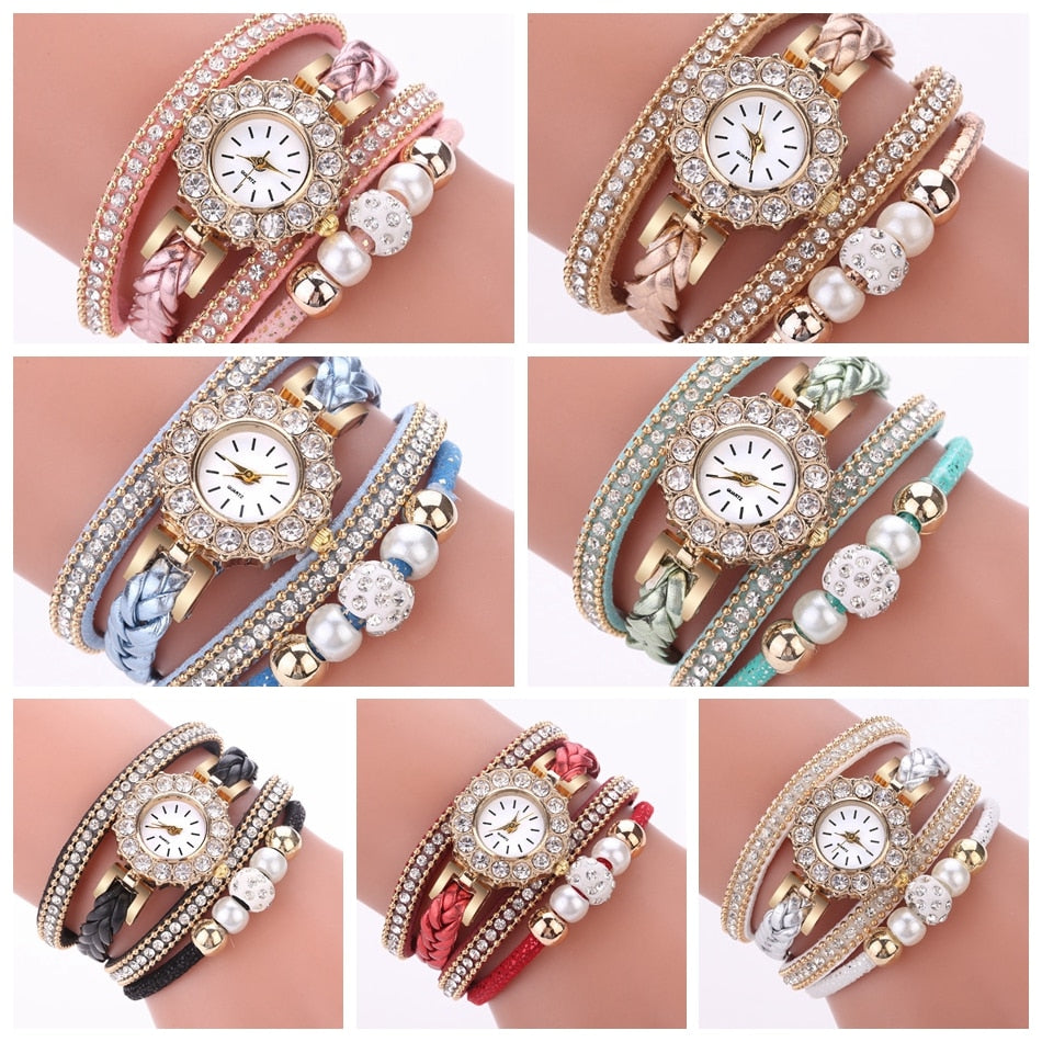 Luxury Gold Leather Watches For Women Pearls Dress Creative Watches Casual Women Bracelet Wristwatch Clock Gift Relogio Feminino - Executive-Skincare