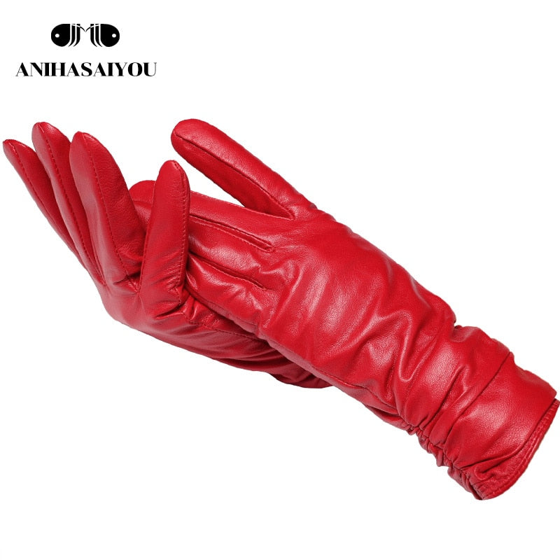 Classic pleated leather gloves women color real leather gloves women sheepskin Genuine Leather winter gloves women-2081 - Executive-Skincare