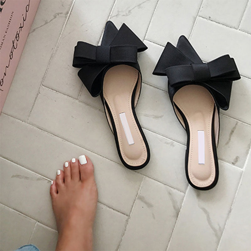 2018 spring and summer women&#39;s shoes Korean silk satin Pointed bow tie slippers Baotou flat heel sets semi slippers - Executive-Skincare