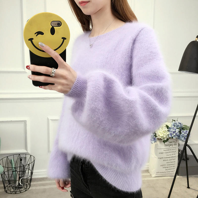 Autumn Winter Lantern Sleeve Faux Mink Cashmere Pullover Knitted Sweater Women Warm Plush Women Sweater Thicken Pullovers C5718 - Executive-Skincare