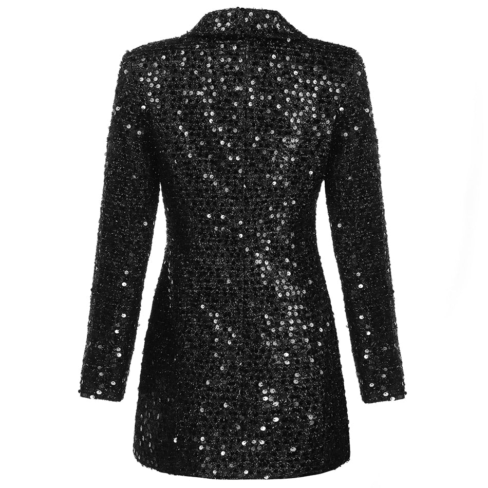 High Quality Fashion 2021 Designer Blazer Women Double Lion Buttons Shawl Collar Glitter Sequined Long Runway Black Blazers - Executive-Skincare