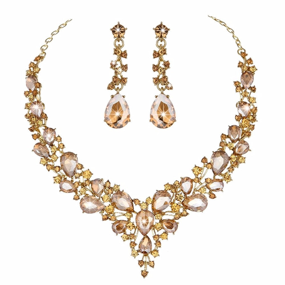 Delicate Women Austrian Crystal Jewelry Sets 16 Colors For Bridal Wedding Necklace And Earrings Sets Lady Party Fashion Jewelry - Executive-Skincare