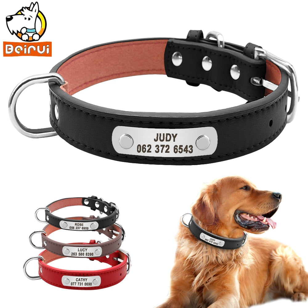 PU Leather Dog Collar Durable Padded Personalized Pet ID Collars Customized for Small Medium Large Dogs Cat Red Black Brown - Executive-Skincare