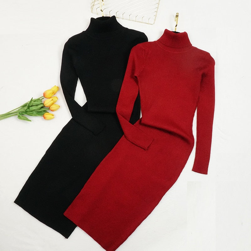 New Autumn Winter Women Knitted Dress Turtleneck Sweater Dresses Lady Slim Bodycon Long Sleeve Bottoming Dress Vestidos PP003 - Executive-Skincare