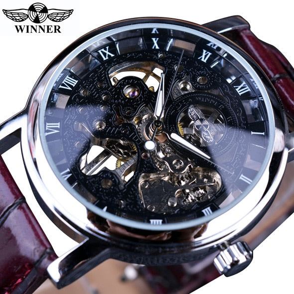 Winner Transparent Golden Case Luxury Casual Design Brown Leather Strap Mens Watches Top Brand Luxury Mechanical Skeleton Watch - Executive-Skincare