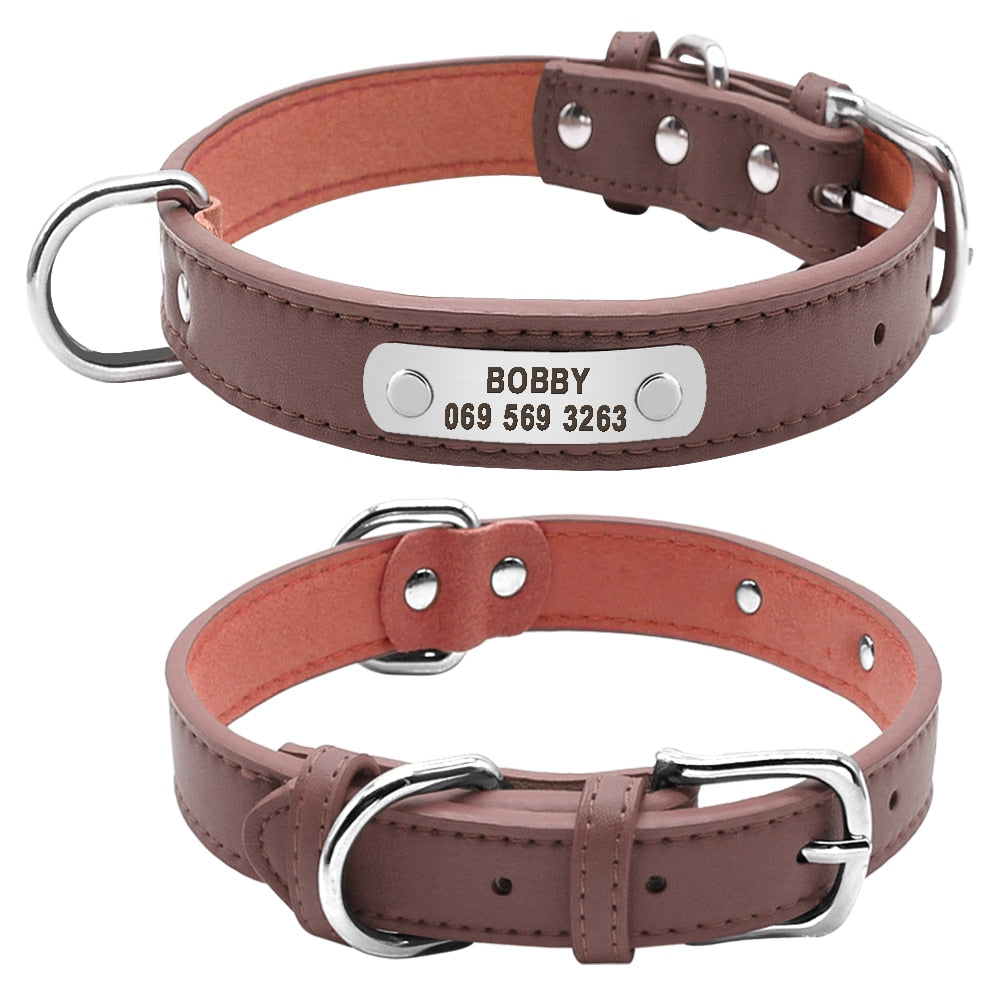 PU Leather Dog Collar Durable Padded Personalized Pet ID Collars Customized for Small Medium Large Dogs Cat Red Black Brown - Executive-Skincare