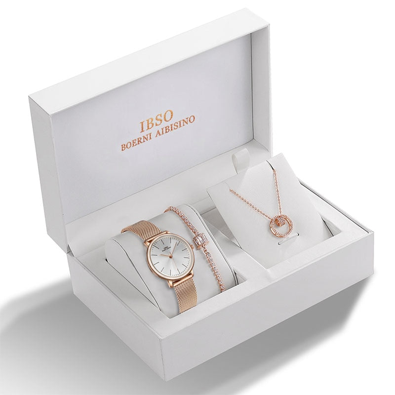 IBSO Women Quartz Watch Set Rose Gold Crystal Design Bracelet Necklace Watch Sets Female Jewelry Set Watch Lady&#39;s Wife Mom  Gift - Executive-Skincare