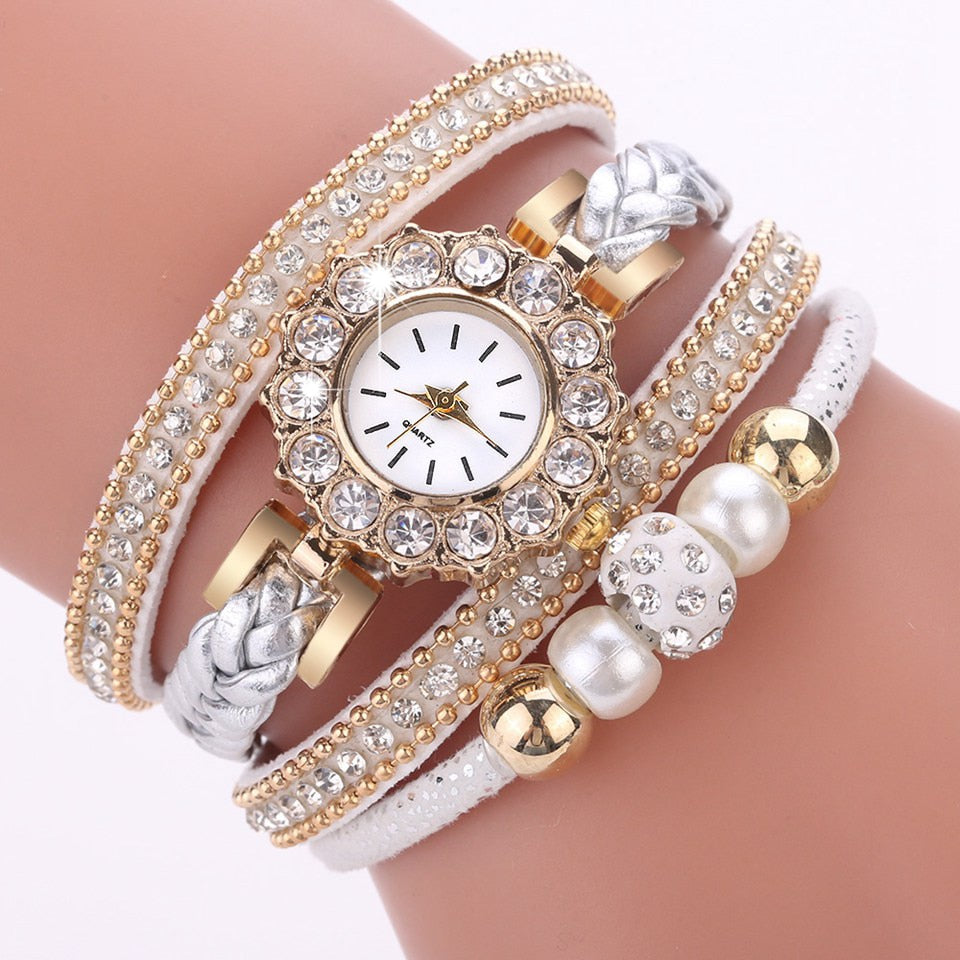 Luxury Gold Leather Watches For Women Pearls Dress Creative Watches Casual Women Bracelet Wristwatch Clock Gift Relogio Feminino - Executive-Skincare