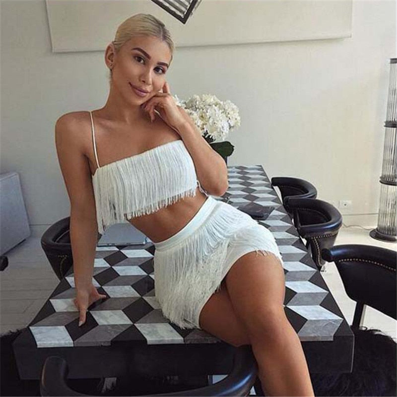 Fashion Tassel Spaghetti Strap Crop Top Mini Dress 2 Piece Set Women Sexy Camis Package Hip Dresses Party Clubwear Suits - Executive-Skincare