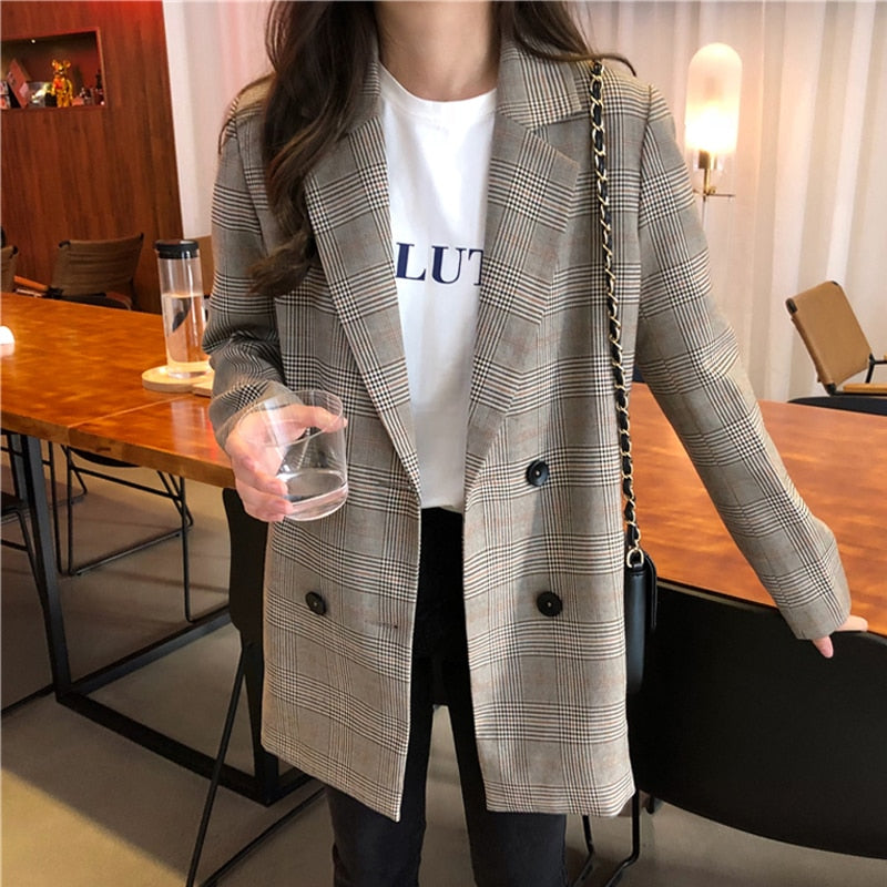 Office Ladies Notched Collar Plaid Women Blazer Double Breasted Autumn Jacket 2021 Casual Pockets Female Suits Coat - Executive-Skincare