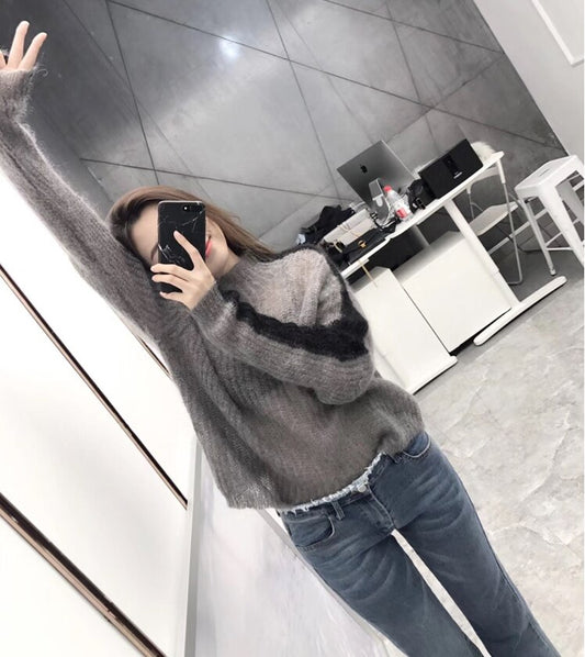 Cheerart Autumn 2018 Thin Sweater Women High Neck Patchwork Grey Knitted Sweater Pullover Transparent Pull Femme Fashion - Executive-Skincare