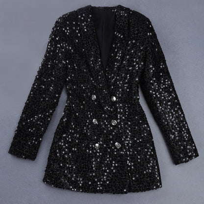 High Quality Fashion 2021 Designer Blazer Women Double Lion Buttons Shawl Collar Glitter Sequined Long Runway Black Blazers - Executive-Skincare