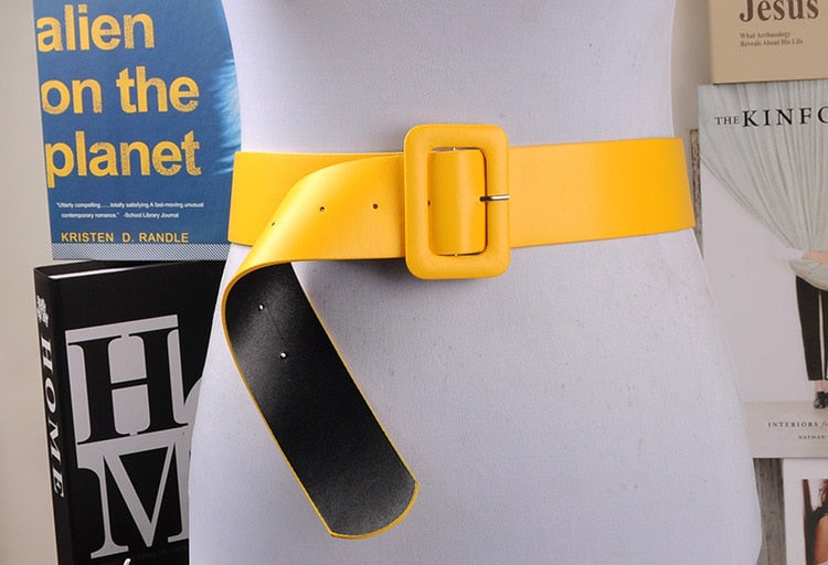 2019 New Fashion Accessories Casual Female Belt Solid Plastic Head Smooth Buckle Belt Stylish Candy Color PU Leather Belt Yellow - Executive-Skincare