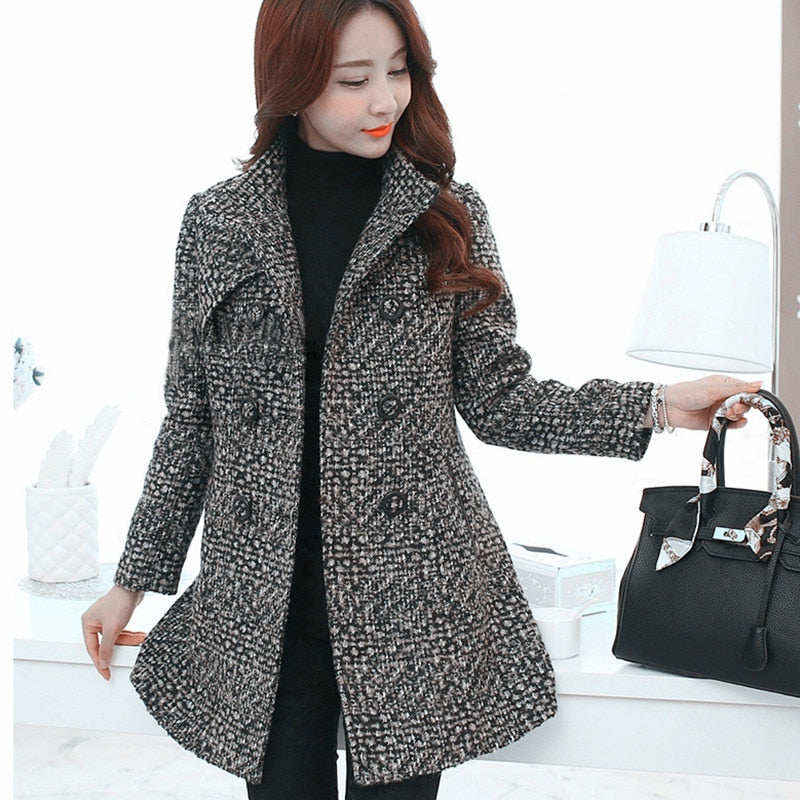 New Women&#39;s Wool Blends Coat Winter 2022 Autumn Fashion Elegant Mother Turtleneck Plaid Slim Long Tweed Woolen Outerwear Female - Executive-Skincare