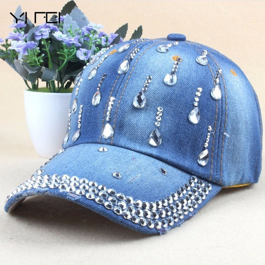 New Denim Hip Hop Caps Fashion Leisure Woman Cap With Water Drop Rhinestones Vintage Jean Cotton Baseball Caps