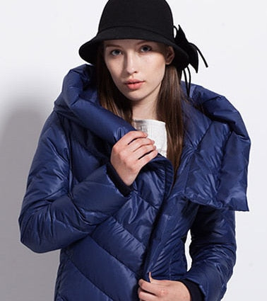 Womens Winter down coat waterproof long  thick  large   hat black dark blue female  jackets - Executive-Skincare