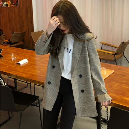 Office Ladies Notched Collar Plaid Women Blazer Double Breasted Autumn Jacket 2021 Casual Pockets Female Suits Coat - Executive-Skincare