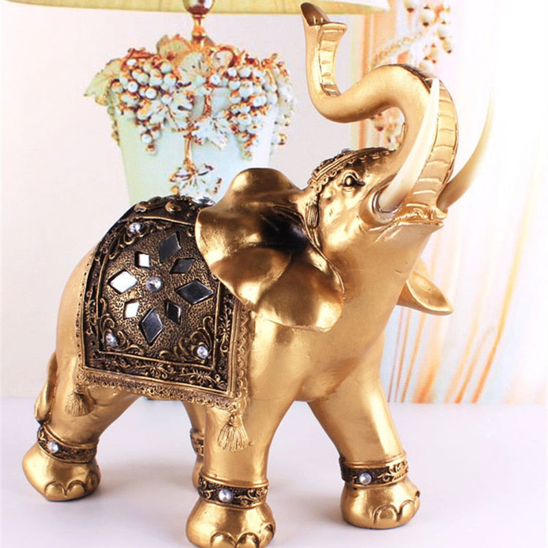 Golden Resin Elephant Statue Feng Shui Elegant Elephant Trunk Sculpture Lucky Wealth Figurine Crafts Ornaments For Home Decor - Executive-Skincare