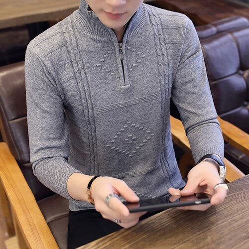 Turtleneck Mens Sweaters Pullovers Winter Stand Collar Zipper Slim Fit Thick Warm Casual Knitting Warm Knitwear Pullover - Executive-Skincare