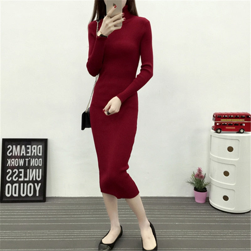 New Autumn Winter Women Knitted Dress Turtleneck Sweater Dresses Lady Slim Bodycon Long Sleeve Bottoming Dress Vestidos PP003 - Executive-Skincare