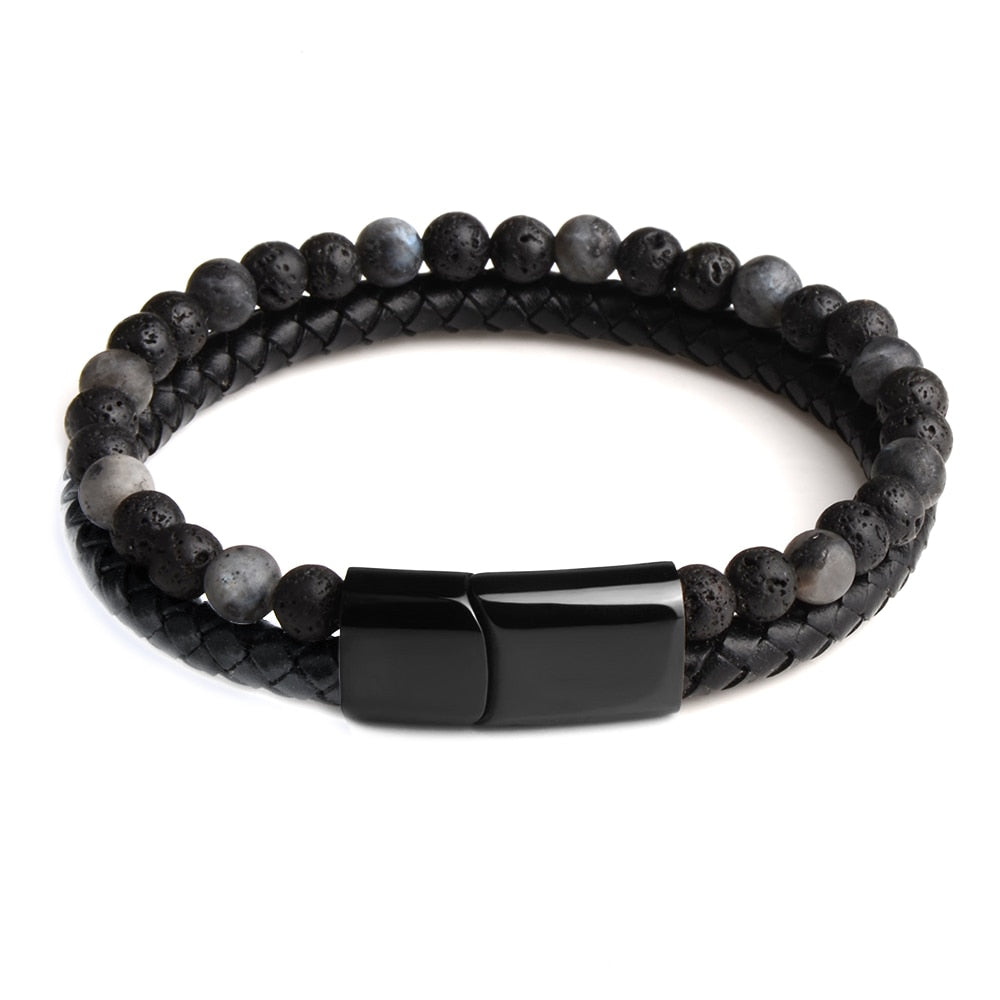 Natural Stone Bracelets Genuine Leather Braided Bracelets Black Stainless Steel Magnetic Clasp Tiger eye Bead Bangle Men Jewelry - Executive-Skincare