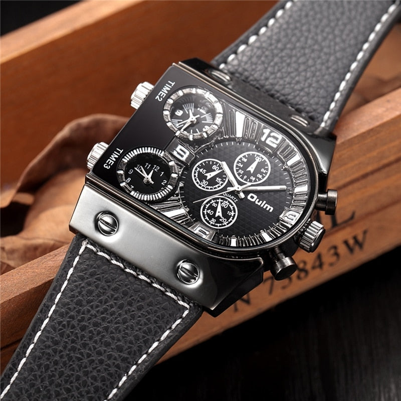 Oulm Men&#39;s Watches Mens Quartz Casual Leather Strap Wristwatch Sports Man Multi-Time Zone Military Male Watch Clock relogios - Executive-Skincare